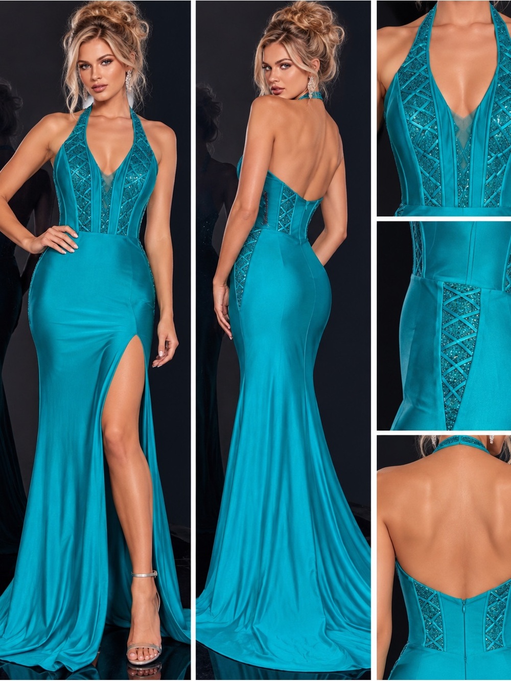 Jovani Turquoise Beaded Halter Backless Prom Formal Gown Size 6 NWT